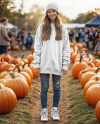 Young Woman in Sweatshirt Standing in a Pumpkin Patch Mockup