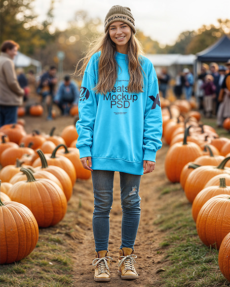 Young Woman in Sweatshirt Standing in a Pumpkin Patch Mockup - Long