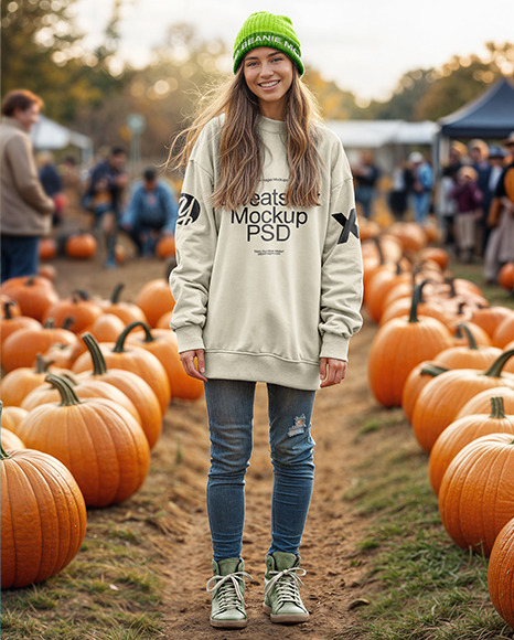 Young Woman in Sweatshirt Standing in a Pumpkin Patch Mockup