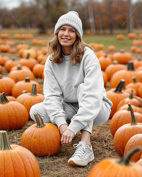 Young Woman in Sweatshirt and Beanie Sitting Next to Pumpkins Mockup