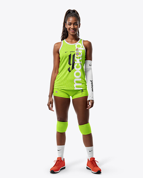 Afro-American Woman Wearing a Full Volleyball Kit Mockup - Brazil Mockups