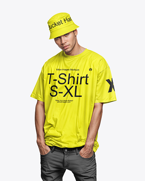 A Man Wearing an Oversize T-Shirt and a Bucket Hat Mockup - White+T-Shirt+PNG+Image+(With+images)+|+T+shirt+png,+White+...