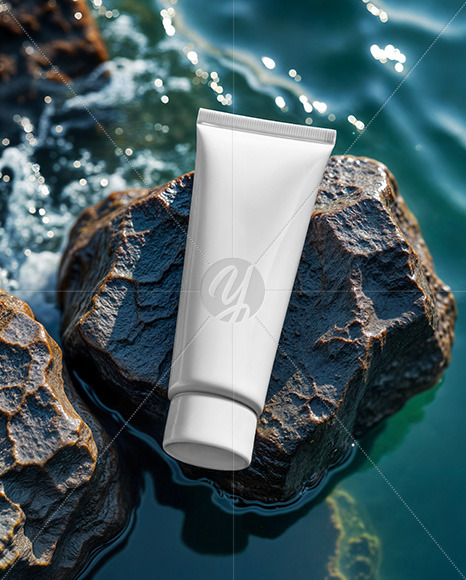 Cosmetic Tube on a Stone Surrounded by Water Mockup