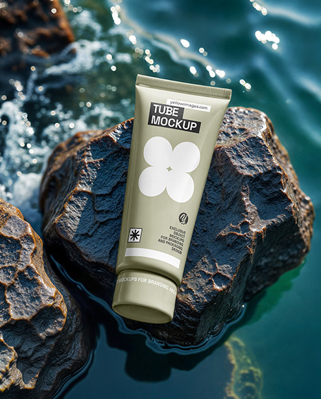 Cosmetic Tube on a Stone Surrounded by Water Mockup