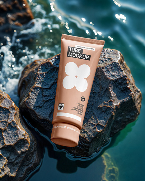 Cosmetic Tube on a Stone Surrounded by Water Mockup