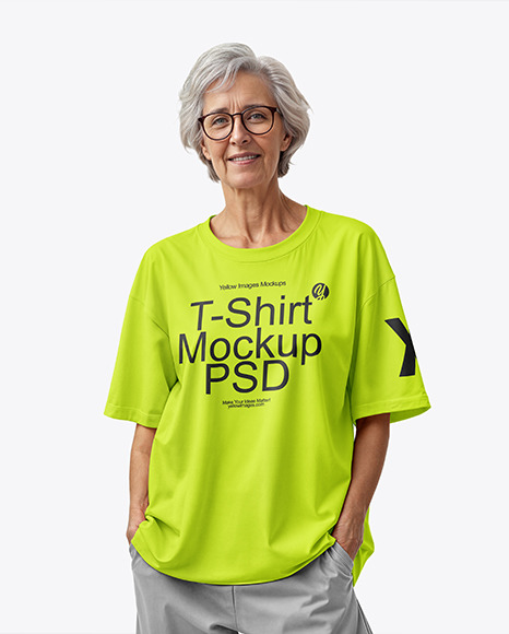 Elderly Woman Wearing Oversized Half Sleeve T-Shirt Mockup - Mockup assets