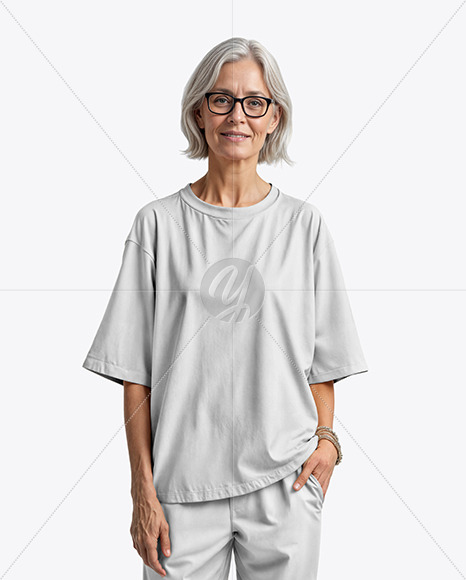 Elderly Woman in Glasses Wearing an Oversized Half Sleeve T-Shirt Mockup