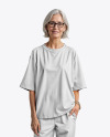 Elderly Woman in Glasses Wearing an Oversized Half Sleeve T-Shirt Mockup