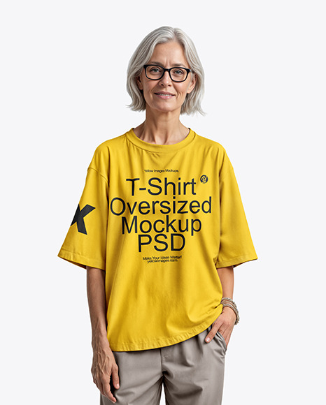 Elderly Woman in Glasses Wearing an Oversized Half Sleeve T-Shirt Mockup - Crop tee mockup