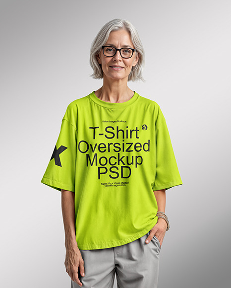 Elderly Woman in Glasses Wearing an Oversized Half Sleeve T-Shirt Mockup