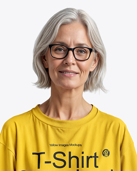Elderly Woman in Glasses Wearing an Oversized Half Sleeve T-Shirt Mockup