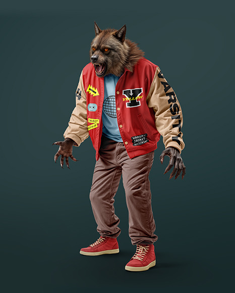 Werewolf Wearing Varsity Jacket and Pants Mockup