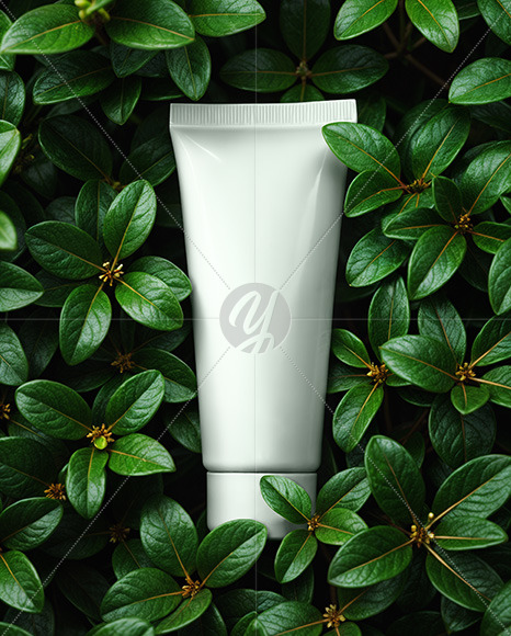 Matte Cosmetic Tube on Leaves Mockup