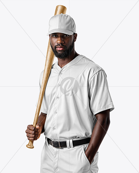 Afro-American Baseball Player Wearing a Jersey and Cap Holding a Bat Mockup