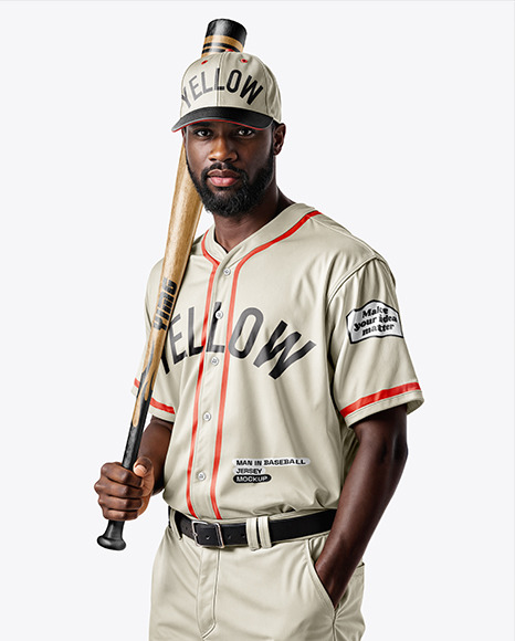 Afro-American Baseball Player Wearing a Jersey and Cap Holding a Bat Mockup - Realistic jersey mockup