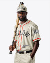 Afro-American Baseball Player Wearing a Jersey and Cap Holding a Bat Mockup