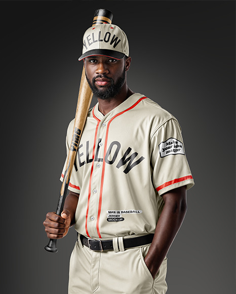 Afro-American Baseball Player Wearing a Jersey and Cap Holding a Bat Mockup