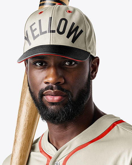 Afro-American Baseball Player Wearing a Jersey and Cap Holding a Bat Mockup