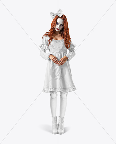 Girl Wearing Halloween Doll Costume Mockup