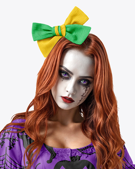 Girl Wearing Halloween Doll Costume Mockup