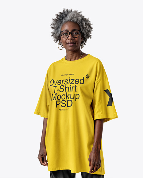 Afro-American Woman Wearing Long Oversized T-shirt & Pants Mockup - Mockups