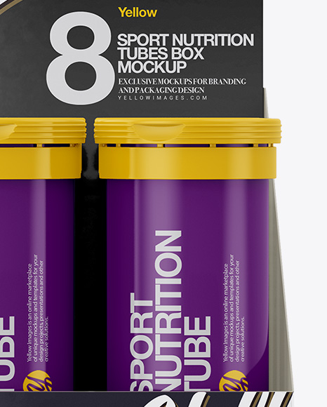 8 Glossy Sport Nutrition Tubes Display Box Mockup