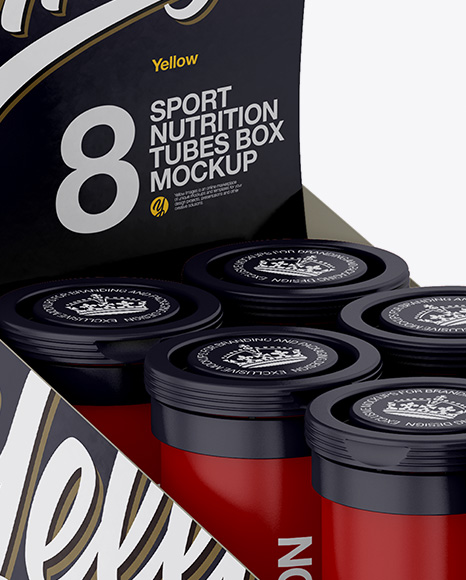 8 Matte Sport Nutrition Tubes Display Box Mockup - Half Side View