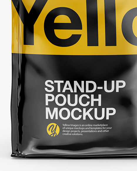 Stand Up Glossy Pouch with Sticker Mockup - Front View