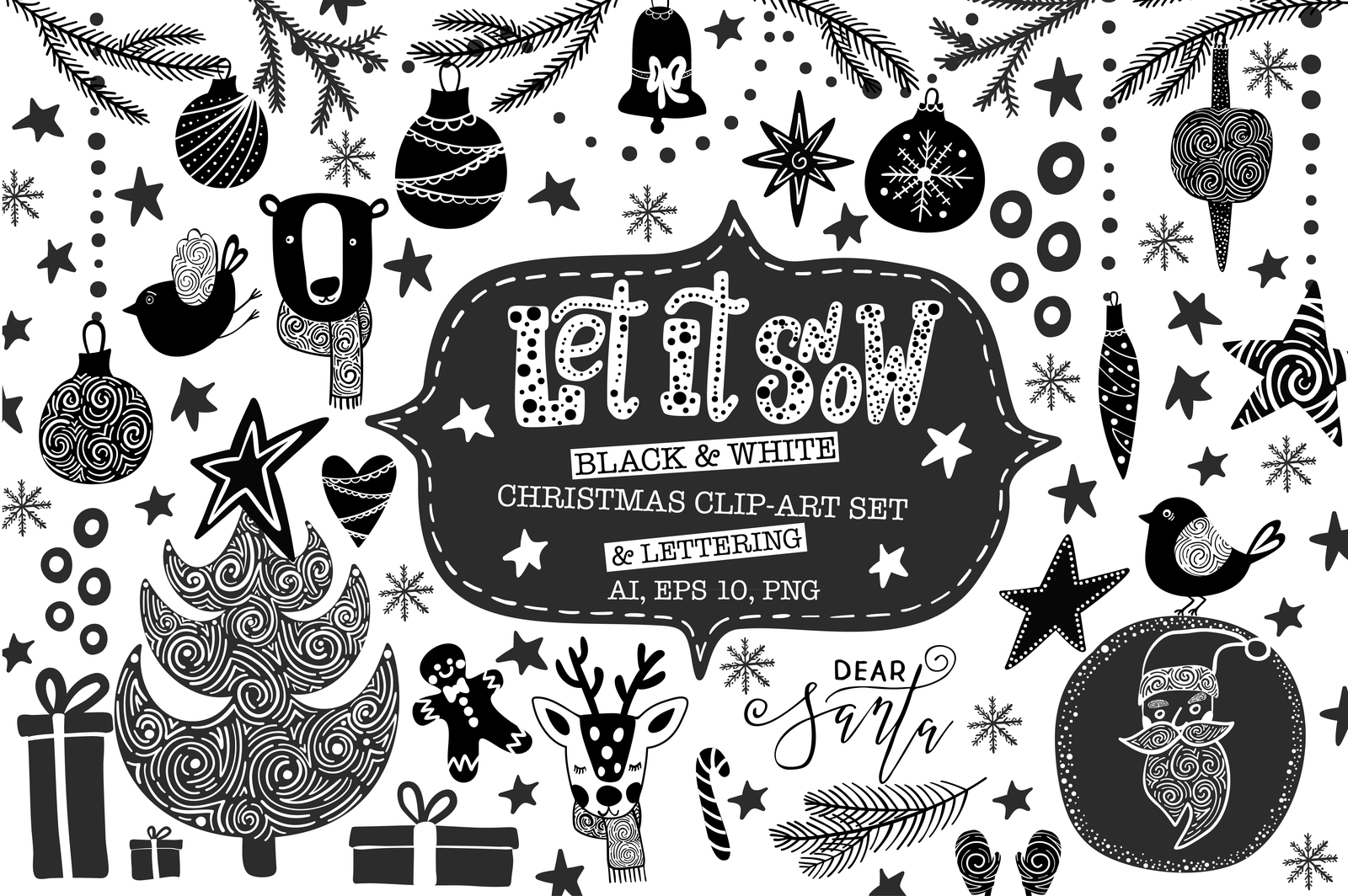 Black &amp; White Christmas Clip-Art Set