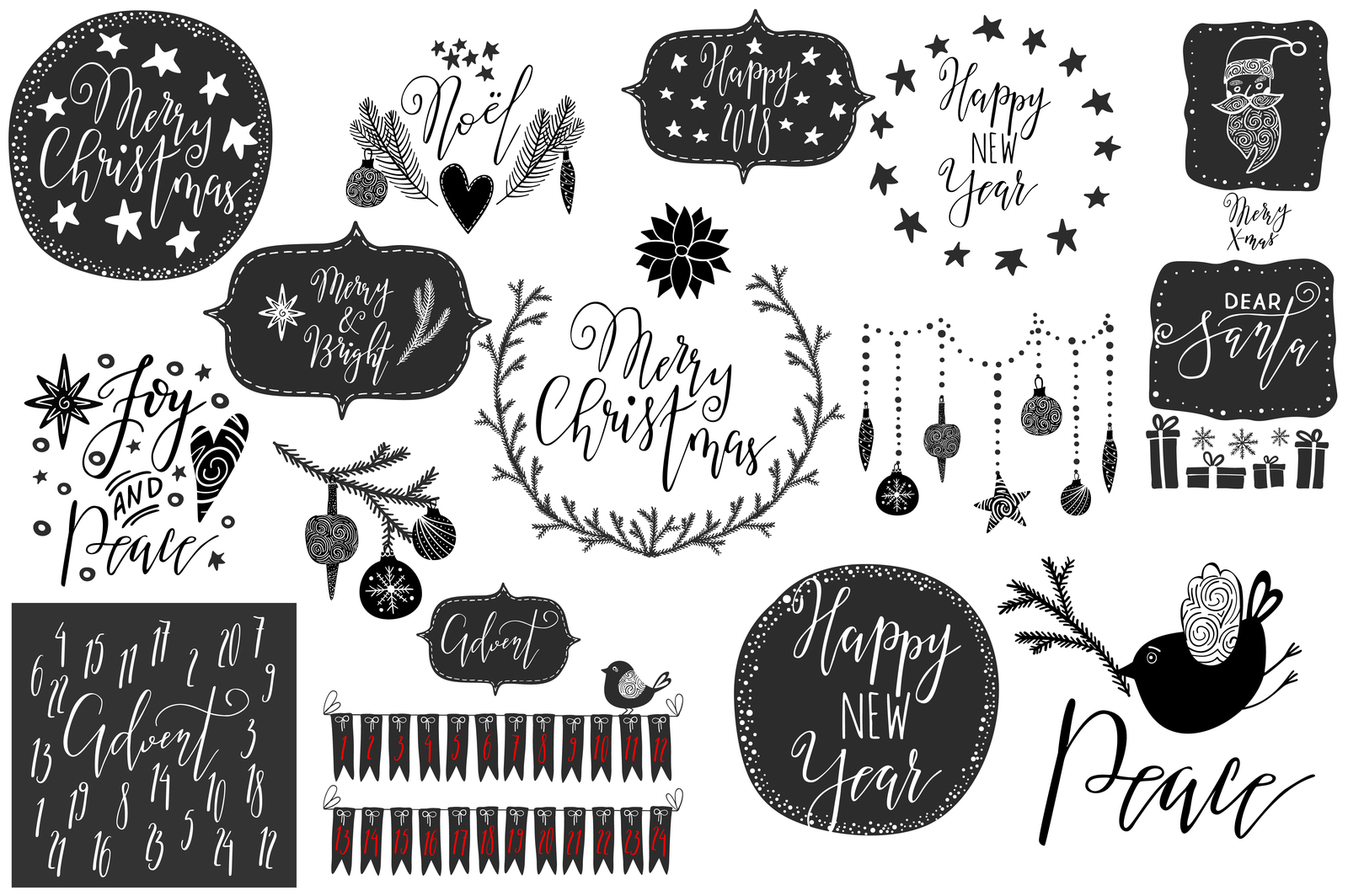 Black &amp; White Christmas Clip-Art Set