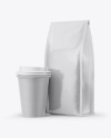 Glossy Bag with Kraft Coffee Cup Mockup - Half Side View