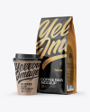 Glossy Bag with Kraft Coffee Cup Mockup - Half Side View