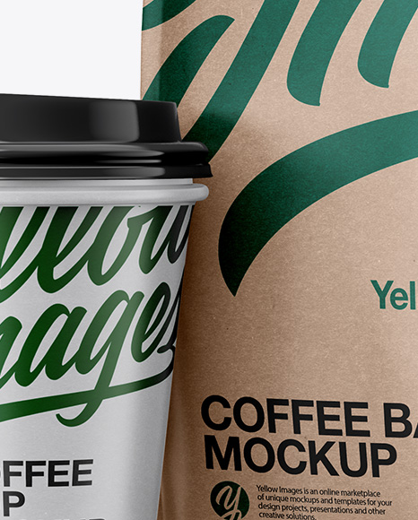 Kraft Bag with Coffee Cup Mockup - Half Side View