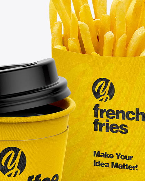 Coffee Cup With Sleeve & French Fries Mockup