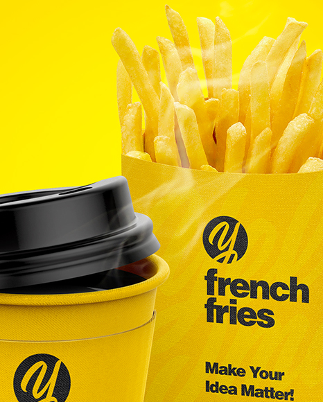 Coffee Cup With Sleeve & French Fries Mockup