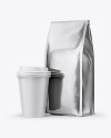 Metallic Bag with Coffee Cup Mockup - Half Side View