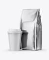 Metallic Bag with Coffee Cup Mockup - Half Side View