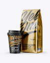 Metallic Bag with Coffee Cup Mockup - Half Side View