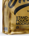 Stand Up Glossy Metallic Pouch with Sticker Mockup - Half Side View