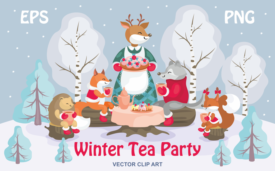 Winter tea party. Vector clip art.