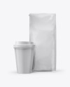 Glossy Bag with Kraft Coffee Cup Mockup - Front View