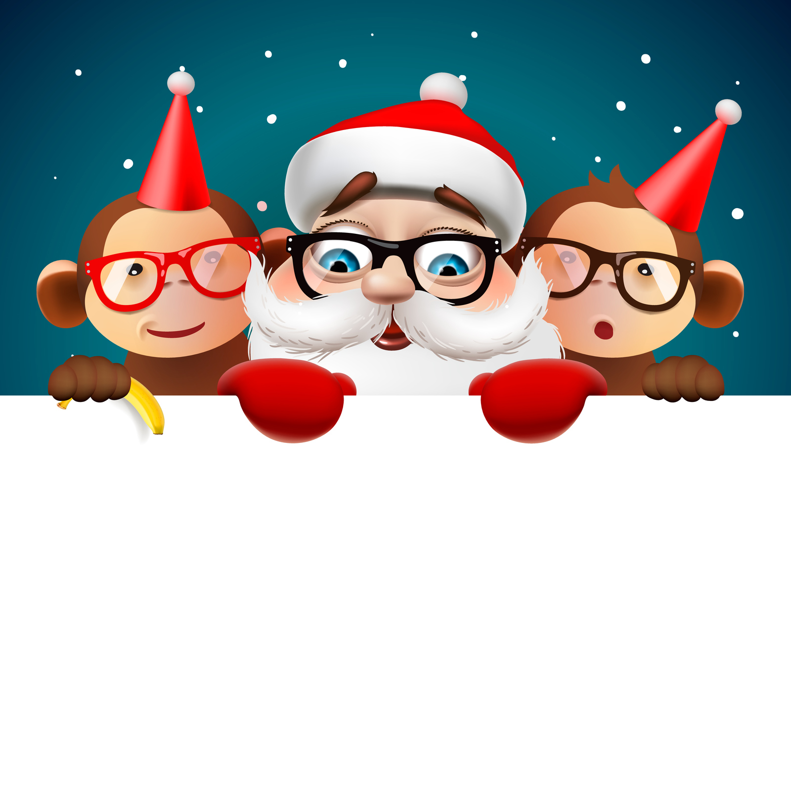 Christmas Card with funny Santa and snowman and deer Christmas Card with funny Santa and snowman and deer