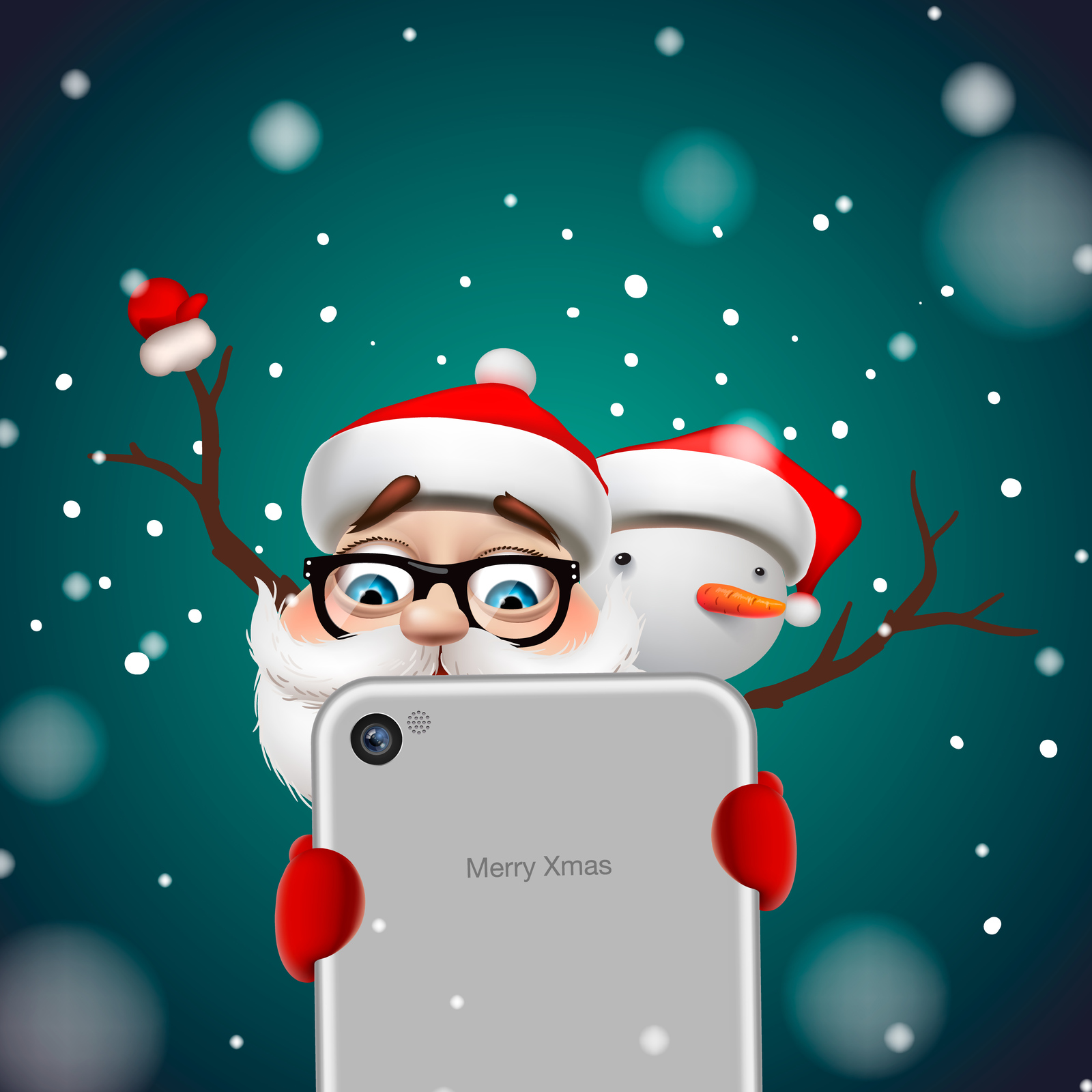 Christmas Card with funny Santa and snowman and deer Christmas Card with funny Santa and snowman and deer
