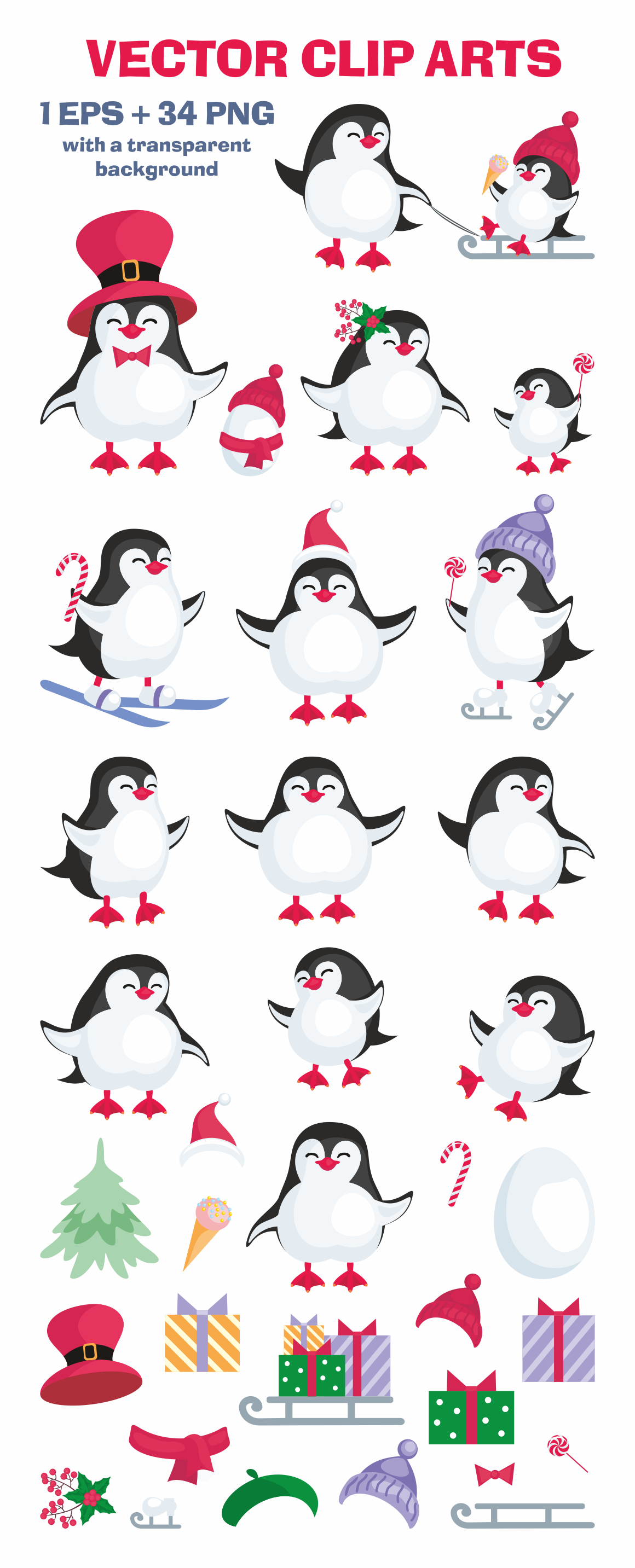 Funny penguins. Christmas clip art.