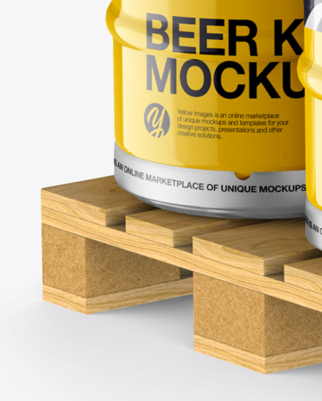 Wooden Pallet With 6 Glossy Beer Kegs Mockup - Half Side View