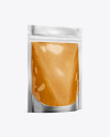 Glossy Transparent Stand-Up Pouch W/ Curry Sauce Mockup - Half Side View