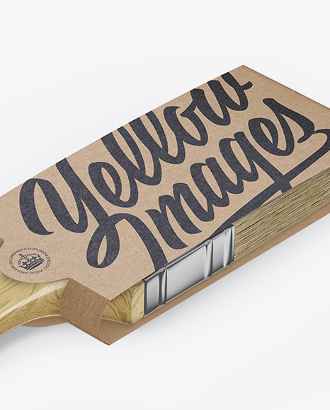 Brush With Wooden Grip &amp; Kraft Label Mockup - Half Side View (High-Angle Shot)