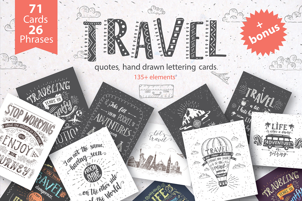 Travel hand drawn lettering, cards.