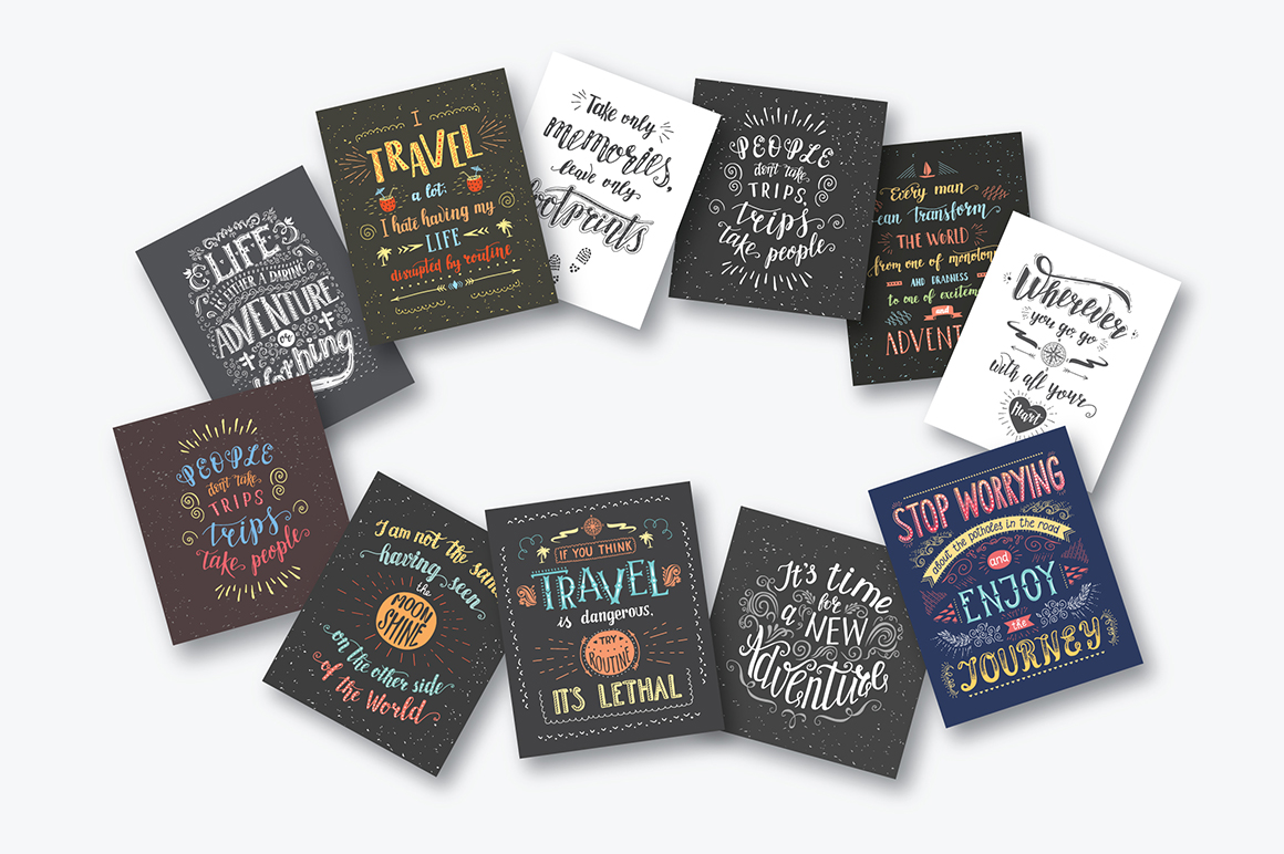 Travel hand drawn lettering, cards.