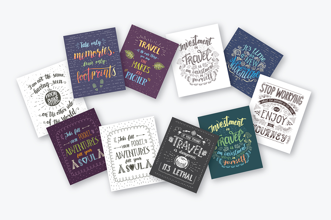 Travel hand drawn lettering, cards.